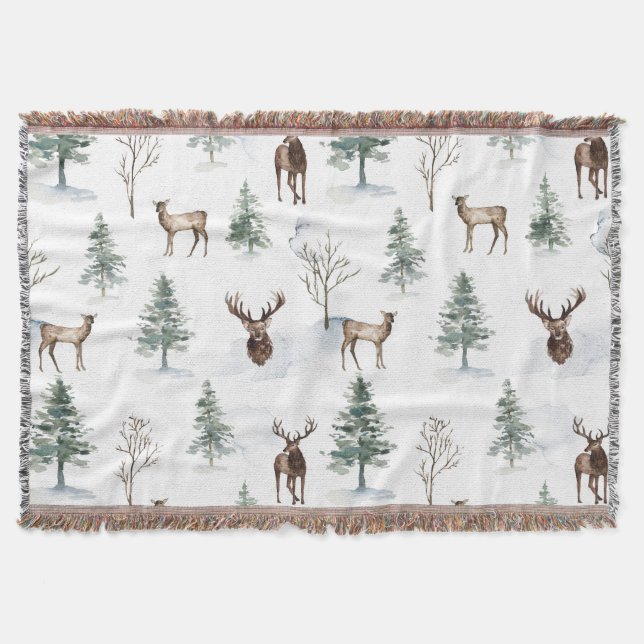 Christmas deer winter woods pattern throw blanket (Front)