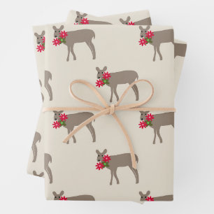 Christmas Deer with Flowers Wrapping Paper Sheet