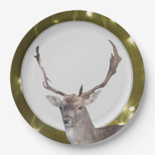 Christmas Deer with Golden Lights Paper Plate