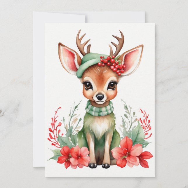 Christmas Deer with Green Hat Flat Holiday Card (Front)