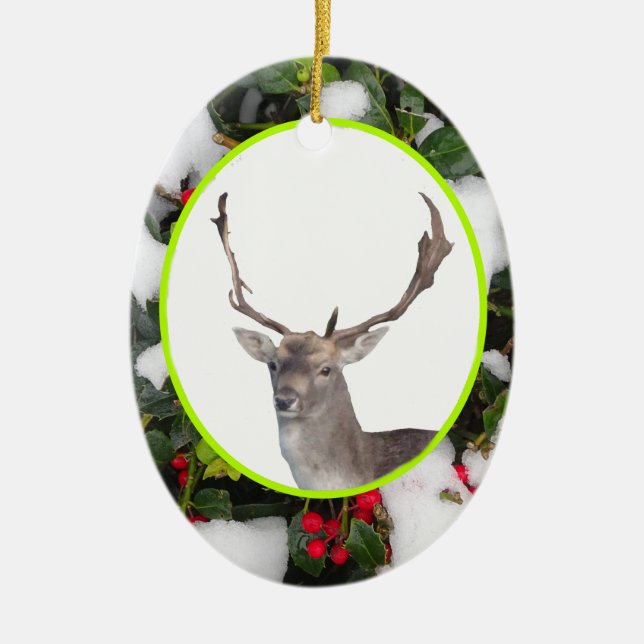 Christmas Deer with Holly Ornament (Front)