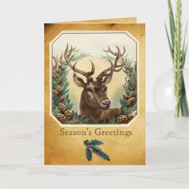 CHRISTMAS DEER WITH PINE CONES CROWN PARCHMENT HOLIDAY CARD (Front)