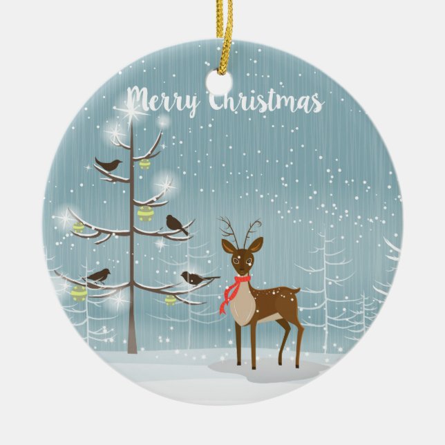 Christmas Deer With Red Scarf Ceramic Tree Decoration (Front)