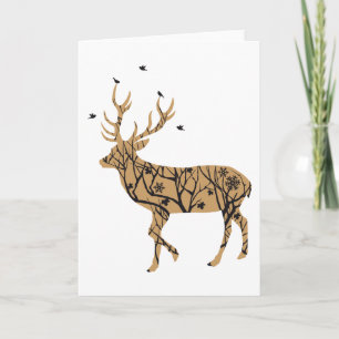 Christmas deer with winter tree pattern and birds holiday card