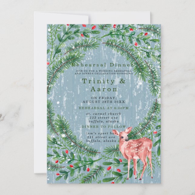 Christmas Deer Wood Rehearsal Dinner  Invitation (Front)
