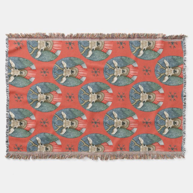 Christmas Deer Woodland Holiday Throw Blanket (Front)