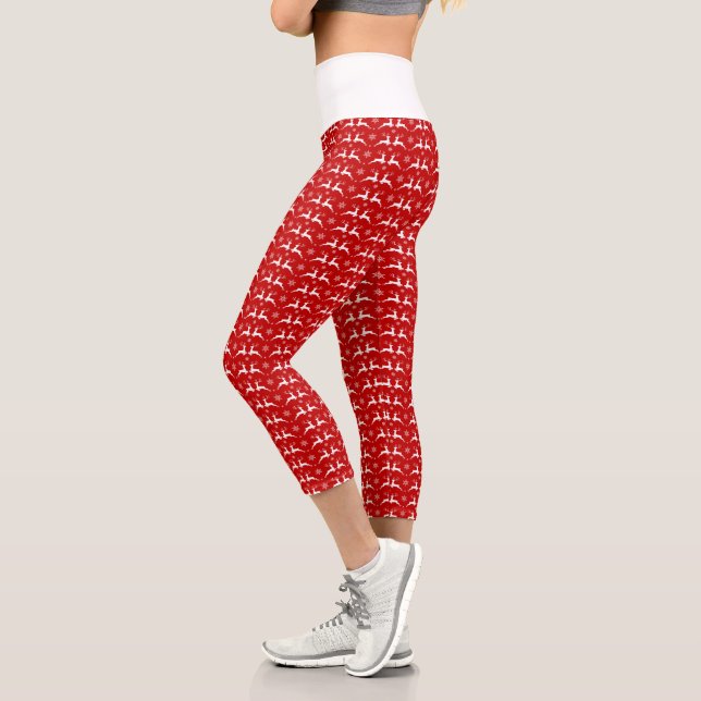 Christmas Deers and Snowflakes Red & White Pattern Capri Leggings (Left)