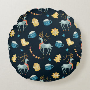 Christmas Deers: Watercolor Seamless Pattern Round Cushion