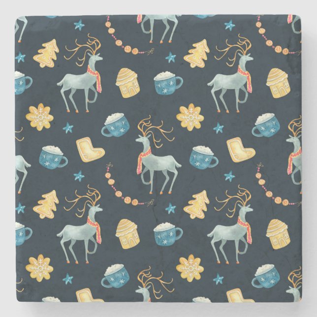 Christmas Deers: Watercolor Seamless Pattern Stone Coaster (Front)