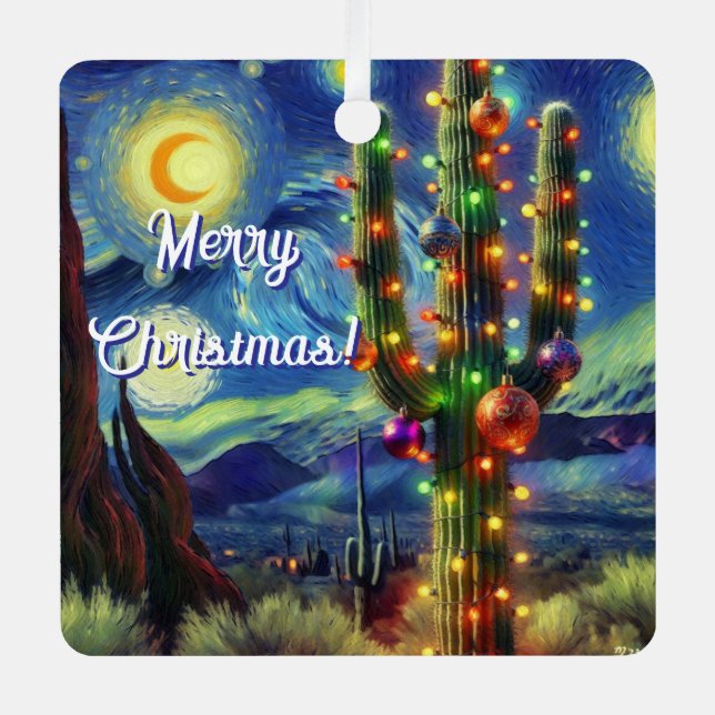 Christmas Desert Saguaro Cactus Holiday Card Metal Tree Decoration (Front)