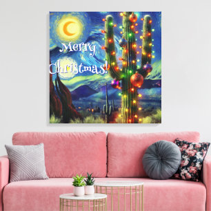Christmas Desert Saguaro Cactus Night Moon Blue Canvas Print