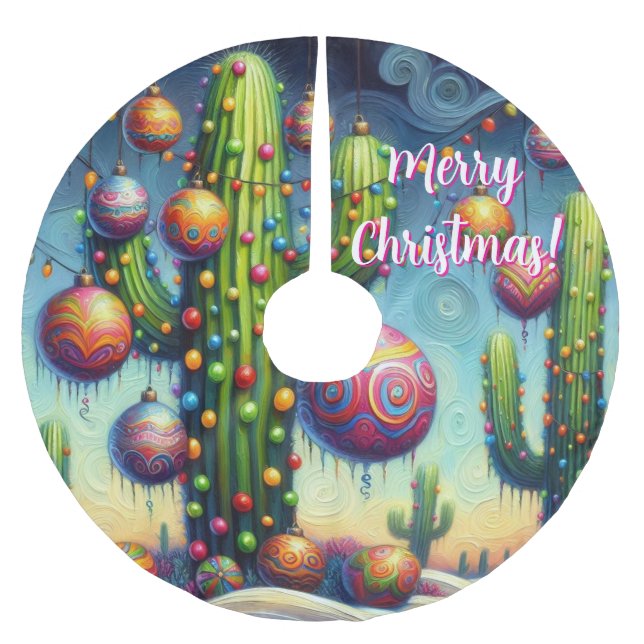 Christmas Desert Southwest Saguaro Cactus Seasonal Brushed Polyester Tree Skirt (Front)