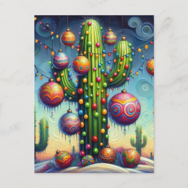 Christmas Desert Southwest Saguaro Cactus Seasonal Holiday Postcard (Front)