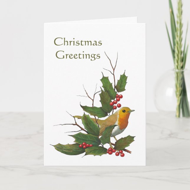 Christmas Design: English Robin, Holly, Berries Holiday Card (Front)