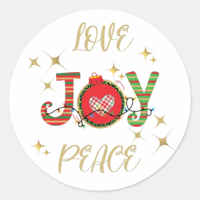 CHRISTMAS DESIGN LOVE JOY PEACE WITH CHRISTMAS LIG CLASSIC ROUND STICKER (Front)