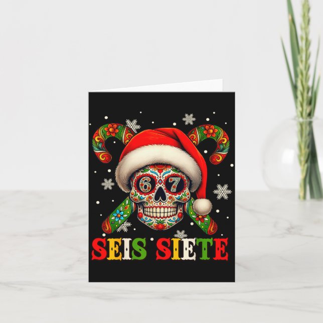 Christmas Dia De Los Muertos Sugar Skull Seis Siet Card (Front)
