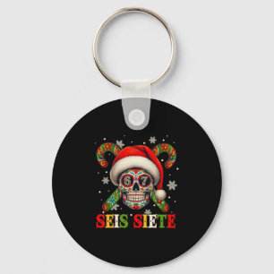 Christmas Dia De Los Muertos Sugar Skull Seis Siet Key Ring