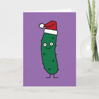 Christmas Dill Pickle wearing a Santa Hat Holiday Card
