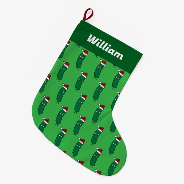 Christmas Dill Pickle wearing a Santa Hat Large Christmas Stocking (Front (Hanging))