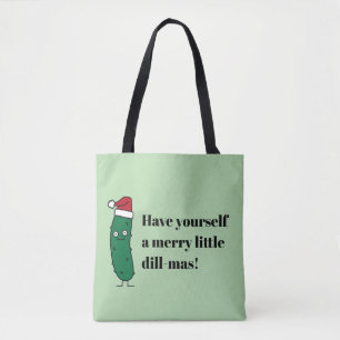 Christmas Dill Pickle wearing a Santa Hat Tote Bag