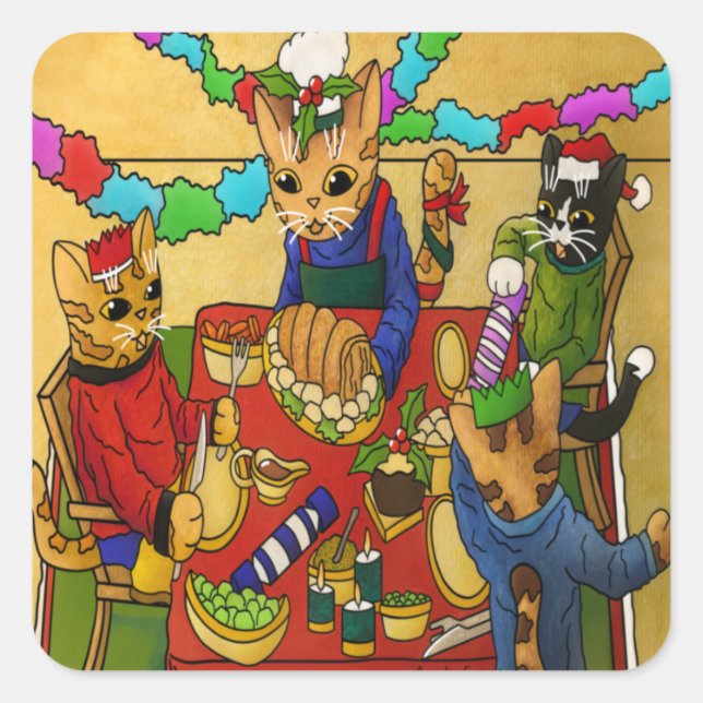Christmas Dinner Cats Square Sticker (Front)
