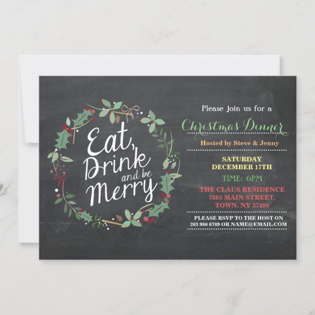 Christmas Dinner Eat Drink & Be Merry Party Invite (Front)