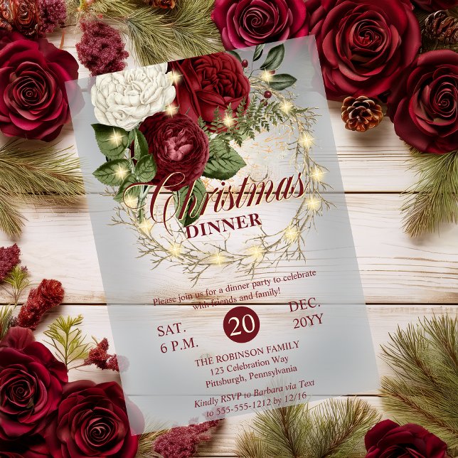 Christmas Dinner - Floral Grapevine Lighted Wreath Acrylic Invitations (Christmas Dinner Floral Grapevine Faux Lighted Wreath Acrylic Invitations)