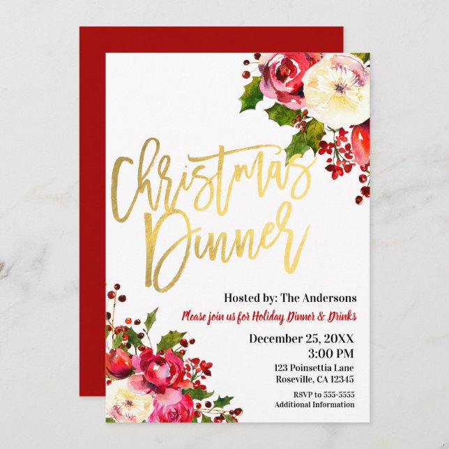CHRISTMAS DINNER Gold Modern Script Floral Berries Invitation (Front/Back)