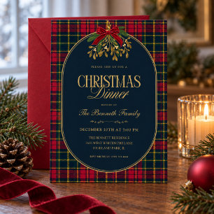 Christmas Dinner Invitation Navy Tartan Plaid Red