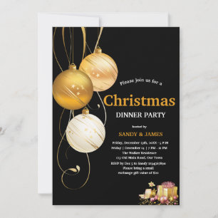 christmas dinner party black and gold baubles invitation