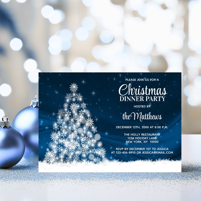 CHRISTMAS DINNER PARTY Blue White Lights Tree Invitation (CHRISTMAS DINNER PARTY Blue White Lights Tree Invitation)