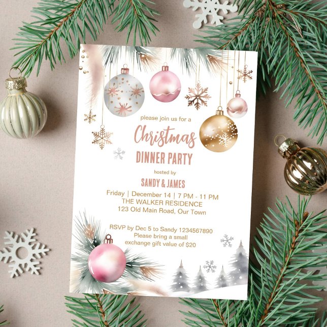 Christmas dinner party boho metallic watercolor invitation (Boho Christmas dinner party template invitation metallic rose gold silver snowy pines modern waterco)