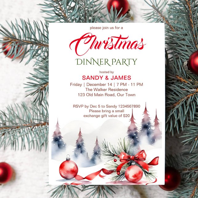 Christmas dinner party classic red baubles ribbon invitation (Classical Christmas dinner party template invitation instant download red baubles ribbon snowy pines)