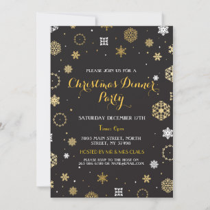 Christmas Dinner Party Gold Snow Flakes Invite