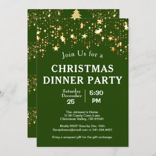 Christmas Dinner Party Gold Stars Trees Green Invitation