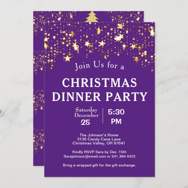 Christmas Dinner Party Gold Stars Trees Purple Invitation (Front/Back)
