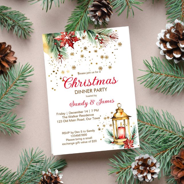 Christmas dinner party lantern invitation (Christmas dinner party template invitation digital download gold lantern pines gold snowflakes)