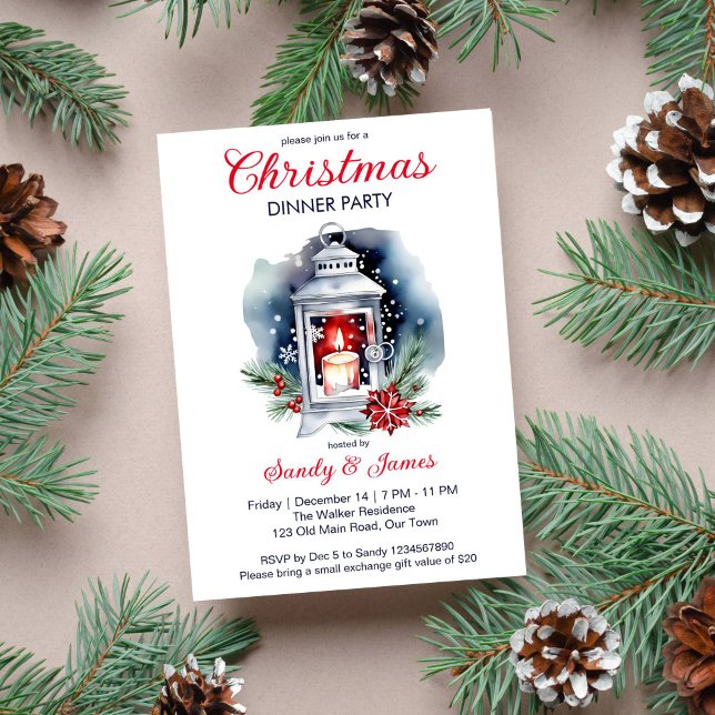 Christmas dinner party lantern poinsettia invitation (Christmas dinner party classical template invitation Christmas lantern candle poinsettia snowflakes )