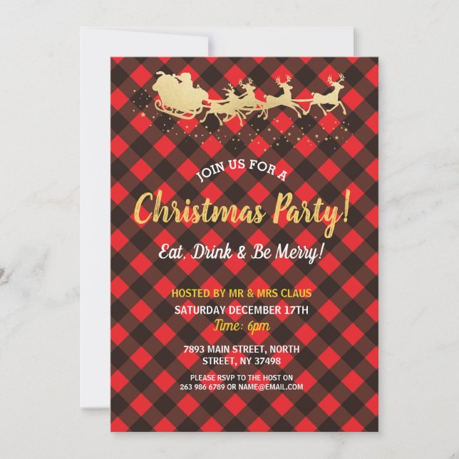 Christmas Dinner Party Red Buffalo Check Invite (Front)