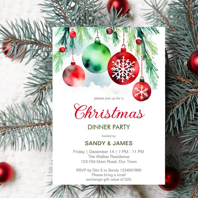 Christmas dinner party red green baubles invitation (Christmas dinner party template invitation digital download classical red and green baubles pines)