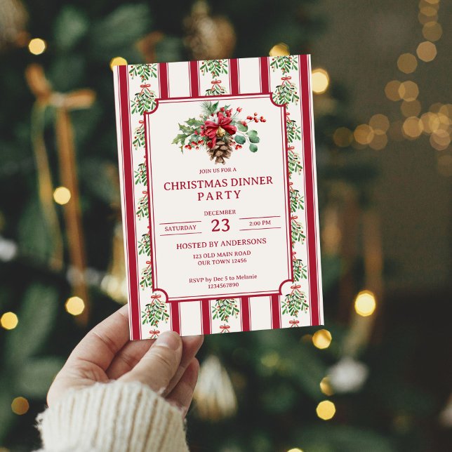 Christmas dinner party red retro stripes pine bow invitation (Christmas dinner party red retro stripes pine winter greenery bow invitation cards template)