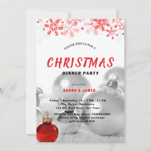 Christmas dinner party silver red baubles invitation
