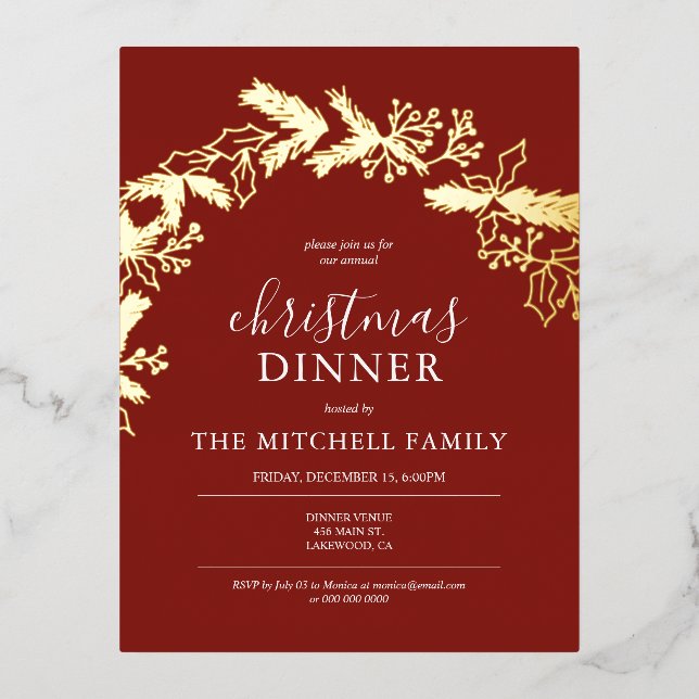 Christmas Dinner Pine Berry Leaves Red Foil Invitation Postcard (Front)