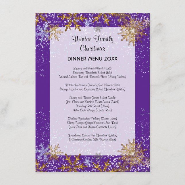 Christmas Dinner Purple Menu Snow Crystals (Front)