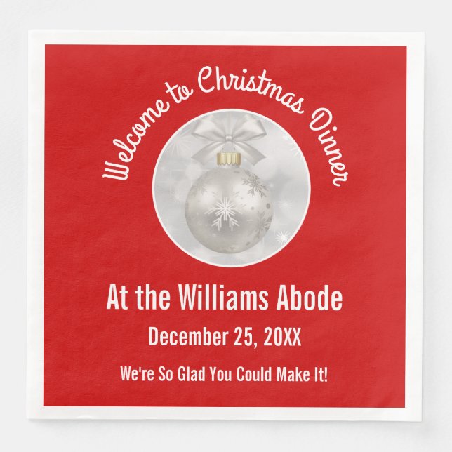 Christmas Dinner - Red & Snowflake Bauble Ornament Napkin (Front)