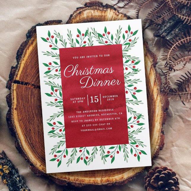 Christmas Dinner Red Watercolor Floral Invitation (Creator Uploaded)
