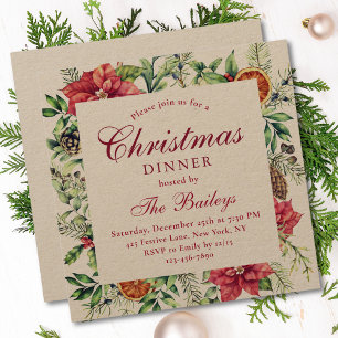 Christmas Dinner Watercolor Holiday Floral Invitation