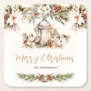 Christmas Dinner White and Cream Elegant Classic Square Paper Coaster