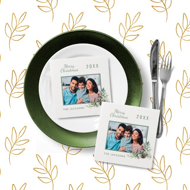 Christmas dinner white cone pine photo name napkin (Creator Uploaded)