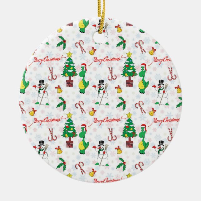 Christmas dinosaur and snowman ceramic tree decoration (Front)